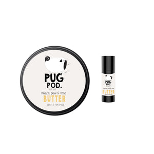 A tin of Pug dog muzzle, paw and nose balm and a stick of balm-front