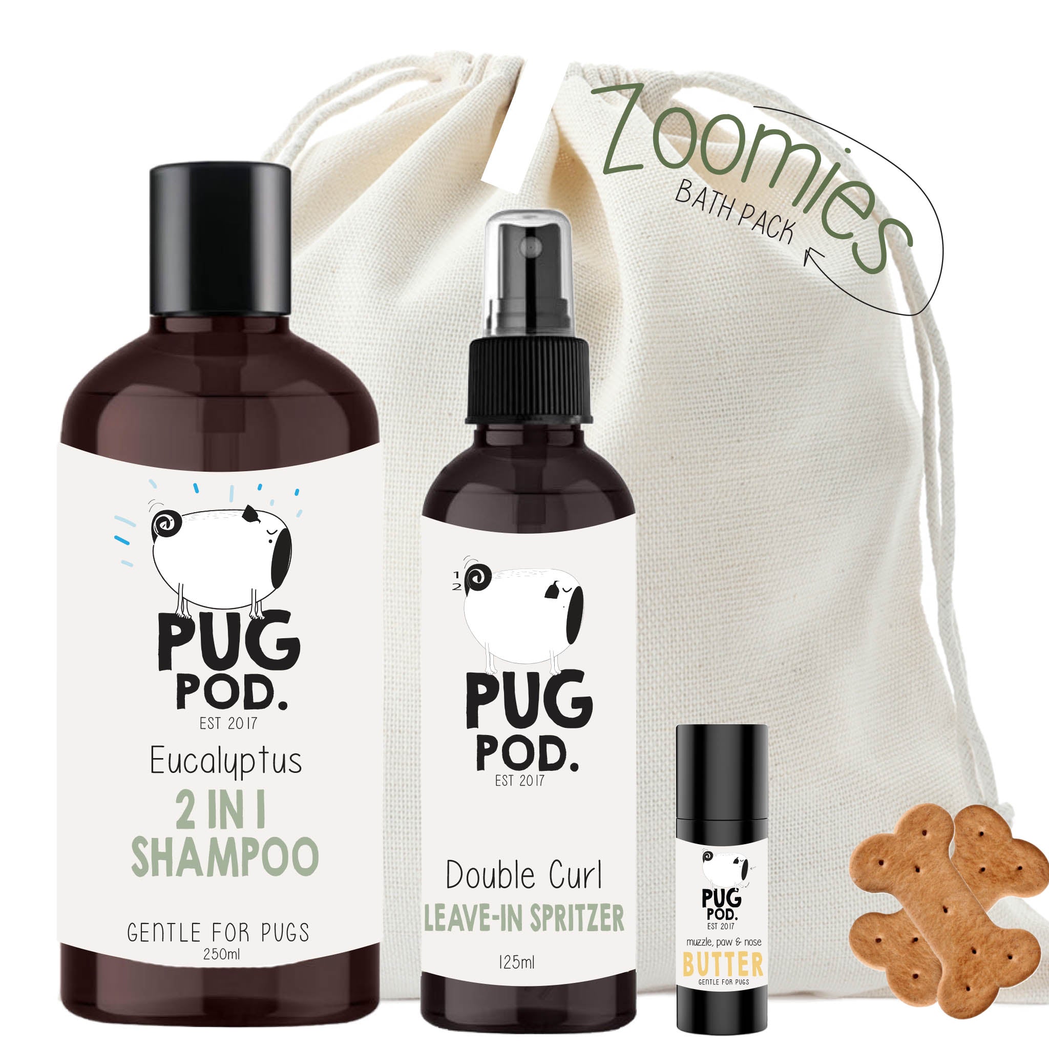Pug dog zoomies bath pack, containing shampoo, spritzer,balm butter and a dog biscuit -front